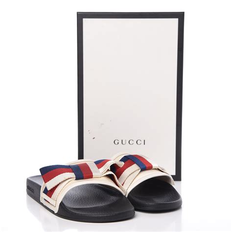 gucci sylvie slides bow|GUCCI Satin Web Sylvie Bow Slide Sandals 40 White.